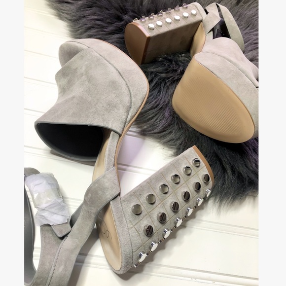 Gray Suede Studded Block Strappy Heels - Picture 5 of 7
